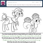  apple_pie bitterplaguerat black_and_white dialogue earth_pony english_text equine fan_character feral food friendship_is_magic granny_smith_(mlp) horn horse loki_(bitterplaguerat) mammal monochrome my_little_pony pony text unicorn 