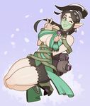  ;) black_hair breasts brown_eyes cleavage double_v earrings elf full_body highres jewelry jumping large_breasts legs_together lips long_hair mole_above_mouth one_eye_closed one_side_up paladins pointy_ears sidelocks smile solo splashbrush thick_thighs thighs underboob v veil ying_(paladins) 