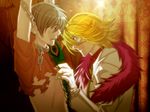  2boys akira_(togainu_no_chi) arbitro blonde_hair blue_eyes captured chained chains feather fur gloves green_hair looking_at_another male_focus mask multiple_boys necktie smile suit teasing teeth tied_up togainu_no_chi torn_clothes yaoi 