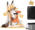  black_gloves blazer blonde_hair blush bow bowtie brown_hair closed_mouth directional_arrow eyebrows_visible_through_hair ezo_red_fox_(kemono_friends) fox_tail full_body fur_trim game_console gloves gradient_hair highres holding jacket japari_symbol kagura_roku kemono_friends leaning_to_the_side long_hair long_sleeves motion_lines multicolored_hair necktie no_shoes pantyhose playing_games pleated_skirt sitting skirt solo tail television very_long_hair wariza white_background white_bow white_hair white_neckwear white_skirt wii wii_racing_wheel yellow_neckwear 