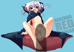  1girl animated arm_support barefoot blush fang feet flat_chest footjob highres lavender_hair looking_at_viewer one_leg_raised open_mouth pov pov_feet red_eyes sitting soles toes twintails vampire 
