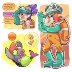  1girl baseball_cap boots chum_(splatoon) closed_mouth commentary domino_mask fangs gloves green_gloves green_hat hat inkling lifebuoy long_sleeves mask open_mouth orange_hair overalls pointy_ears print_hat purple_eyes purple_hair rubber_boots rubber_gloves salmon_run salmonid shirt short_hair smile splatoon_(series) splatoon_2 tentacle_hair topknot white_shirt wong_ying_chee 
