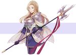  armor banned_artist black_gloves black_legwear blonde_hair breastplate breasts brown_eyes cape cleavage cowboy_shot cropped_legs fire_emblem fire_emblem_echoes:_mou_hitori_no_eiyuuou gloves holding holding_weapon jewelry large_breasts llicornia long_hair long_sleeves looking_at_viewer matilda_(fire_emblem) necklace pantyhose parted_lips pauldrons polearm red_ribbon ribbon simple_background smile solo standing tassel two-tone_background watermark weapon white_background 