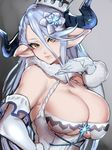  bare_shoulders blue_hair breasts brown_eyes cleavage elbow_gloves gloves granblue_fantasy hat highres horns izmir kumiko_shiba large_breasts long_hair looking_at_viewer mole mole_under_mouth pointy_ears solo 