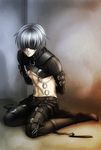  1boy bondage covered_eyes dungeon kau kneeling male_focus piercing scar silver_hair sitting solo tied_up togainu_no_chi white_hair 