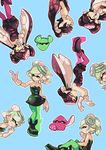  2girls ankle_boots aori_(splatoon) black_dress black_footwear black_jumpsuit blue_background boots closed_eyes closed_mouth cousins detached_collar domino_mask dress earrings expressions food food_on_face food_on_head gloves green_legwear grey_hair grin hotaru_(splatoon) invisible_chair jewelry long_hair looking_at_viewer mask mole mole_under_eye multiple_girls object_on_head open_mouth pantyhose pointy_ears poses purple_legwear short_dress short_hair short_jumpsuit simple_background sitting smile splatoon_(series) squid squidbeak_splatoon standing strapless strapless_dress sushi tentacle_hair white_gloves wong_ying_chee 
