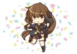  black_jacket black_legwear black_sailor_collar black_skirt brown_eyes brown_hair chestnut_mouth chibi commentary_request crescent crescent_moon_pin full_body fumizuki_(kantai_collection) jacket kantai_collection kisaragi_yuu_(re:lucks) long_hair machinery neckerchief ponytail remodel_(kantai_collection) sailor_collar school_uniform serafuku shirt skirt solo standing standing_on_one_leg white_shirt yellow_neckwear 