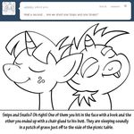  bitterplaguerat black_and_white dialogue earth_pony english_text equine freckles friendship_is_magic horn horse mammal monochrome my_little_pony pony sleeping snails_(mlp) snips_(mlp) text 