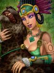  awilix_(smite) bare_shoulders black_hair blue_eyes breasts cleavage commentary dark_skin earrings english_commentary eyeshadow fangs feathers fur_trim gold_trim hair_rings headdress highres jaguar jewelry makeup mayan medium_breasts necklace open_mouth realistic sciamano240 short_hair signature smite solo tattoo upper_body 