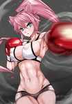  alternate_hairstyle armpits bike_shorts blue_eyes blush boxing_gloves breasts butterfly_hair_ornament covered_nipples groin hair_ornament highres large_breasts long_hair maria_cadenzavna_eve midriff muscle muscular_female navel nonoririn parted_lips pink pink_hair ponytail puffy_nipples senki_zesshou_symphogear shorts sideboob solo sports_bra sweat 