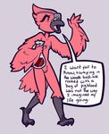  annoyed anthro avian beak bird breasts brown_pussy cardinal_(bird) critter_coven dialogue english_text eye_patch eyewear feathered_wings feathers female lucheek nipple_piercing nipples nude piercing pussy rosie_(critter_coven) simple_background small_breasts solo text walking wings 