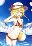  ;d ball beachball bikini blonde_hair blue_sky cloud cloudy_sky day dutch_angle fang flan_(seeyouflan) flandre_scarlet frilled_bikini_bottom frills hat hat_ribbon highres looking_at_viewer lowleg lowleg_bikini navel one_eye_closed open_mouth outdoors red_eyes ribbon side_ponytail sky smile solo striped striped_bikini sun_hat swimsuit touhou v v_over_eye wading wings 