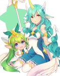  2girls alternate_costume alternate_hairstyle animal_ears blue_eyes boots breasts dress gloves green_eyes green_hair horn league_of_legends long_hair lulu_(league_of_legends) magical_girl multiple_girls pointy_ears soraka staff star_guardian_lulu star_guardian_soraka tiara very_long_hair white_dress white_gloves yordle 