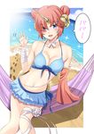  absurdres bad_id bad_pixiv_id blue_eyes blush breasts cleavage collarbone commentary_request double_bun eyes_visible_through_hair fate/apocrypha fate/grand_order fate_(series) frankenstein's_monster_(fate) frankenstein's_monster_(swimsuit_saber)_(fate) furan_(pixiv20237436) hair_ornament hair_over_one_eye highres horn large_breasts looking_at_viewer navel open_mouth pink_hair short_hair sitting smile solo speech_bubble swimsuit translated waving 