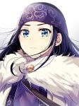  1girl ainu_clothes asirpa blue_eyes closed_mouth commentary_request earrings fur_trim golden_kamuy grey_background headband highres hoop_earrings ichiren_namiro jewelry long_hair looking_at_viewer purple_hair solo upper_body 