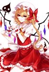  absurdres ascot blonde_hair blood bow cup eyeball eyebrows_visible_through_hair flandre_scarlet frilled_shirt_collar frills guro hat hat_bow highres holding holding_cup laevatein looking_at_viewer mob_cap nail_polish parted_lips petticoat puffy_short_sleeves puffy_sleeves red_bow red_nails red_skirt red_vest sheya shirt short_hair short_sleeves side_ponytail simple_background skirt smile solo teacup touhou vest white_background white_bow white_shirt wings wrist_cuffs yellow_neckwear 