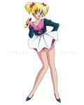  80s bare_legs blonde_hair bow breasts cleavage full_body hair_bow holding holding_microphone idol_densetsu_eriko kikuchi_michitaka long_sleeves looking_at_viewer microphone official_art oldschool open_mouth pumps simple_background skirt small_breasts solo tamura_eriko twintails white_background 