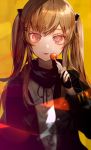  :3 black_gloves black_jacket black_neckwear black_ribbon black_scarf brown_hair commentary_request eyebrows_visible_through_hair fingerless_gloves girls_frontline gloves hair_ornament hair_ribbon hairclip hand_up jacket long_hair long_sleeves looking_at_viewer neck_ribbon red_eyes ribbon scarf shirt simple_background solo tlla twintails ump45_(girls_frontline) upper_body white_shirt yellow_background 