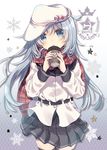  black_legwear black_skirt blue_eyes blue_hair blush character_name cup eyebrows_visible_through_hair hammer_and_sickle hat hibiki_(kantai_collection) highres holding holding_cup kantai_collection long_hair long_sleeves looking_at_viewer mitsuki_ponzu parted_lips red_scarf scarf skirt solo thighhighs verniy_(kantai_collection) white_hat 