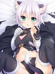  absurdres animal_ears bandaged_arm bandages bare_shoulders black_legwear black_panties blush cat_ears cat_tail commentary_request fate/apocrypha fate/grand_order fate_(series) gloves green_eyes highres jack_the_ripper_(fate/apocrypha) kemonomimi_mode looking_at_viewer navel open_mouth panties paw_pose scar short_hair silver_hair smile solo tail thighhighs underwear wakagi_repa 