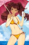  alina_pegova beach bikini breasts brown_eyes brown_hair can cleavage cloud cloudy_sky collarbone commentary contrapposto cowboy_shot day earrings jewelry kujikawa_rise kuma_(persona_4) long_hair medium_breasts navel ocean one_eye_closed outdoors persona persona_4 side-tie_bikini sky smile soda_can solo standing swimsuit twintails umbrella watermark 