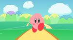  2017 alien ambiguous_gender animated black_eyes blinking blush blush_sticker clothing cloud detailed_background evanspritemaker footwear front_view full-length_portrait grass high_framerate jumping kirby kirby_(series) looking_at_viewer loop mostly_nude motion_blur mountain nintendo noseless not_furry outside pink_body portrait raised_arm red_clothing shoes signature skipping sky smile solo vertical_bar_eyes video_games waddling_head walking 