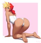  all_fours ass bare_shoulders barefoot blonde_hair blue_eyes dark_skin dirty_pair dirty_pair_flash full_body highleg highleg_leotard kei_(dirty_pair) leotard lips looking_at_viewer looking_back low_ponytail multicolored_hair one-piece_thong razalor red_hair short_hair soles solo thong_leotard toes two-tone_hair white_leotard 
