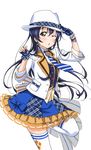  ;o artist_request bangs blue_eyes blue_gloves blue_hair blue_neckwear blush bow bracelet brown_eyes checkered checkered_skirt earrings fingerless_gloves frills gloves hair_between_eyes hat jacket jewelry long_hair looking_at_viewer love_live! love_live!_school_idol_festival love_live!_school_idol_festival_after_school_activity love_live!_school_idol_project necktie official_art one_eye_closed open_mouth skirt solo sonoda_umi striped striped_neckwear thighhighs transparent_background vest white_legwear 