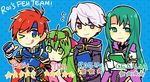  2girls armor blush breasts cape cecilia_(fire_emblem) chiki closed_eyes elbow_gloves fire_emblem fire_emblem:_fuuin_no_tsurugi fire_emblem:_kakusei fire_emblem:_monshou_no_nazo fire_emblem_heroes gloves green_eyes green_hair hair_ornament jewelry long_hair male_my_unit_(fire_emblem:_kakusei) mamkute multiple_boys multiple_girls my_unit_(fire_emblem:_kakusei) open_mouth pointy_ears ponytail red_hair ribbon roirence roy_(fire_emblem) short_hair smile white_hair 