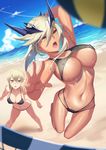  absurdres artoria_pendragon_(all) artoria_pendragon_(lancer_alter) beach beach_volleyball bikini black_bikini blonde_hair blue_sky breasts cleavage cloud covered_nipples day fate/grand_order fate_(series) highres horns large_breasts maomaozi medium_breasts multiple_girls navel ocean open_mouth outdoors saber_alter sky sweat swimsuit tan underboob volleyball yellow_eyes 