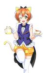  ;3 ;d animal_ears artist_request bangs bare_shoulders blush bow bowtie cat_ears cat_tail cup earrings frills gloves hair_bow hoshizora_rin jewelry korekara_no_someday looking_at_viewer love_live! love_live!_school_idol_festival love_live!_school_idol_festival_after_school_activity love_live!_school_idol_project official_art one_eye_closed open_mouth orange_hair puffy_shorts short_hair shorts smile solo tail teacup teapot thighhighs transparent_background vest yellow_eyes 