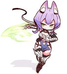  animal_ears blush breasts character_request chibi cleavage closed_mouth collarbone copyright_request fox_ears green_eyes holding holding_knife holding_weapon knife looking_away medium_breasts naga_u navel purple_hair short_hair smile solo weapon 