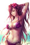  adjusting_hair breasts brown_hair cleavage collarbone fate_(series) flower hair_flower hair_ornament large_breasts long_hair looking_at_viewer metto navel parted_lips red_eyes scathach_(fate)_(all) scathach_(swimsuit_assassin)_(fate) solo water_drop 