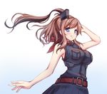  anchor belt black_dress blue_eyes breast_pocket breasts brown_hair dress highres kantai_collection large_breasts long_hair looking_at_viewer neckerchief parted_lips pocket ponytail red_belt red_neckwear remodel_(kantai_collection) saratoga_(kantai_collection) shokuane side_ponytail sidelocks simple_background smile solo upper_body white_background 