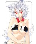  animal_ears bare_arms bare_shoulders bikini black_bikini breasts broken_collar cleavage hair_between_eyes half-closed_eyes highres inubashiri_momiji kasuka_(kusuki) large_breasts looking_at_viewer o-ring o-ring_bikini o-ring_top red_eyes short_hair side-tie_bikini smile solo swimsuit touhou underboob white_background wolf_ears 