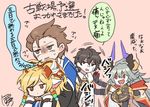  2girls ayer bandaid bandaid_on_face black_eyes black_hair blonde_hair botamochi_(exwelder) brown_eyes brown_hair cape draph elysian_(granblue_fantasy) expressionless gran_(granblue_fantasy) granblue_fantasy grey_hair hair_ornament hair_slicked_back hands harvin hood horns long_hair mahira_(granblue_fantasy) multiple_boys multiple_girls red_eyes smile sweatdrop thalatha_(granblue_fantasy) translated 