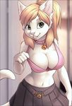  anthro big_breasts breasts cat cleavage clothed clothing collar feline female fur green_eyes hair looking_at_viewer mammal nipple_bulge nipples smile solo unknown_artist white_fur 