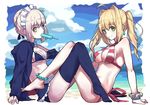  ahoge anklet apron arm_up artoria_pendragon_(all) artoria_pendragon_(swimsuit_rider_alter) bangs bare_arms bare_legs barefoot bikini black_bikini black_jacket black_legwear blonde_hair bracelet braid breasts choker cleavage closed_mouth cloud cloudy_sky criss-cross_halter crossed_legs day earrings eyebrows_visible_through_hair fate/grand_order fate_(series) food frilled_bikini_top frilled_choker frills from_side full_body green_eyes hair_bun hair_intakes hair_ribbon halterneck highres hood hooded_jacket jacket jewelry long_hair long_sleeves looking_at_viewer maid_bikini maid_headdress medium_breasts mouth_hold multiple_girls nero_claudius_(fate)_(all) nero_claudius_(swimsuit_caster)_(fate) no_shoes open_clothes open_jacket outdoors pantie_painting platinum_blonde_hair popsicle red_ribbon ribbon saber_alter side-tie_bikini sitting sky small_breasts smile striped striped_bikini swimsuit tareme thighhighs twintails waist_apron yellow_eyes 