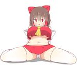  akabeco belly bow breasts brown_hair cookie_(touhou) eyebrows_visible_through_hair hair_bow hakurei_reimu highres large_breasts looking_at_viewer navel no_bra panties parted_lips plump red_bow red_eyes red_skirt reu short_hair sitting skirt solo thick_thighs thighhighs thighs touhou underboob underwear wariza white_legwear white_panties 