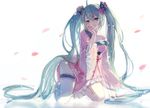  absurdly_long_hair ahoge aqua_hair cherry_blossoms garter_straps hair_between_eyes hand_on_hip hatsune_miku kneeling long_hair off_shoulder sketch smile solo twintails very_long_hair vocaloid white_background wide_sleeves you_hashira 