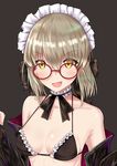  :d artoria_pendragon_(all) artoria_pendragon_(swimsuit_rider_alter) bangs bare_shoulders bespectacled bikini bikini_under_clothes black_bikini_top black_bow black_jacket black_ribbon blush bow bowtie breasts breasts_apart brown_background brown_hair choker collarbone commentary eyebrows_visible_through_hair fang fate/grand_order fate_(series) frilled_bikini_top frilled_choker frills glasses hair_between_eyes hair_bow hands_up highres jacket long_sleeves looking_at_viewer maid maid_bikini maid_headdress neck_ribbon off_shoulder open_clothes open_jacket open_mouth red-framed_eyewear red_moon_(8632110) ribbon round_eyewear short_hair sidelocks simple_background small_breasts smile solo strap_gap swimsuit upper_body v-shaped_eyebrows white_choker yellow_eyes 