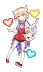  &gt;_&lt; :d animal_ears bag bell blonde_hair bow bowtie cat_bag cat_ears cat_hair_ornament character_request copyright_request full_body green_eyes hair_ornament hairclip hand_up heart heart-shaped_pupils highres jingle_bell kneehighs long_sleeves looking_at_viewer mvv open_mouth overalls shoes short_hair short_shorts shorts simple_background smile solo symbol-shaped_pupils white_background white_legwear wide_sleeves xd 