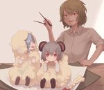  akira_(cookie) animal_ears bangs blouse chopsticks commentary_request cookie_(touhou) eyebrows_visible_through_hair fake_nyon_(cookie) green_hair grey_hair holding holding_chopsticks kazami_yuuka miyako_(naotsugu) mouse_ears multiple_girls nazrin nyon_(cookie) red_eyes shoes short_hair short_sleeves sitting smile table touhou wing_collar 