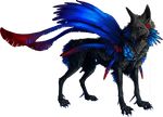  2014 alpha_channel ambiguous_gender black_fur black_nose blue_feathers canine claws feathers feral fur hybrid mammal paws purple_eyes simple_background solo standing tatchit teeth transparent_background 