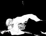  1boy black_background bleach chains hug ichimaru_gin japanese japanese_clothes kitamura_koume lying male_focus monochrome skeleton solo spot_color translation_request white_hair 