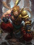  abs bandages barefoot barefoot_sandals beard brolo brown_hair facial_hair fingerless_gloves fur_trim gloves glowing glowing_eyes jewelry mace male_focus monkey_tail muscle nail_polish necklace official_art pointy_ears rock shirtless smite solo sun_wukong_(smite) tail teeth toeless_legwear weapon yellow_eyes 