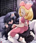  al_bhed_eyes apron ass bed bed_sheet bedroom blonde_hair blush bow breasts chandelure checkered curtains double_v dress fairy_tale_girl_(pokemon) gen_5_pokemon girl_on_top hair_between_eyes hair_bow hairband hex_maniac_(pokemon) holding holding_poke_ball kemoyuri long_sleeves looking_at_viewer multiple_girls nail_polish on_bed open_mouth overalls pillow pink_bow pink_dress poke_ball pokemon pokemon_(creature) pokemon_(game) pokemon_xy purple_dress purple_eyes purple_hair purple_hairband purple_nails short_sleeves small_breasts smile sparkling_eyes spread_legs thighhighs v wavy_mouth white_bow yellow_eyes yuri 