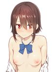  3: blush bow bowtie breasts brown_hair character_request copyright_request eyebrows_visible_through_hair hair_between_eyes looking_at_viewer mikazuchi_zeus nipples off_shoulder open_clothes open_shirt red_eyes shirt short_hair simple_background small_breasts smile solo upper_body white_background 