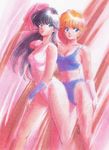  80s arm_rest arm_warmers ayukawa_madoka blue_eyes breasts cleavage green_eyes hiyama_hikaru kimagure_orange_road long_hair medium_breasts midriff multiple_girls official_art oldschool orange_hair parted_lips short_hair sports_bra takada_akemi traditional_media watercolor_(medium) 