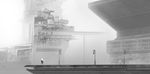  asuteroid bad_id bad_pixiv_id battleship bird commentary_request dock flock fog greyscale highres iz_(asuteroid) long_hair military military_vehicle monochrome original scenery ship silhouette solo standing very_wide_shot warship watercraft white_hair 